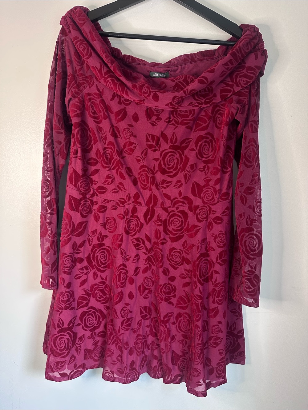 Burgundy Velvet Rose Off Shoulder Wedding Guest Minidress, Large